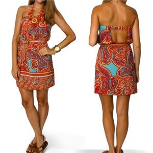 “Glam” Orange and Blue Patterned Sleeveless Dress